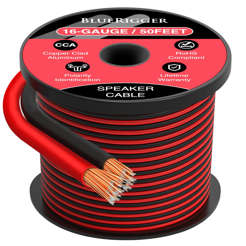 BlueRigger 16 Gauge Speaker Wire (50FT, 16 AWG, Speaker Cable, CCA, HiFi Stereo, Polarity Identification) - Car Audio Wire for Home Theater, Surround Sound Systems, Automotive Amps, Banana Plugs 50FT