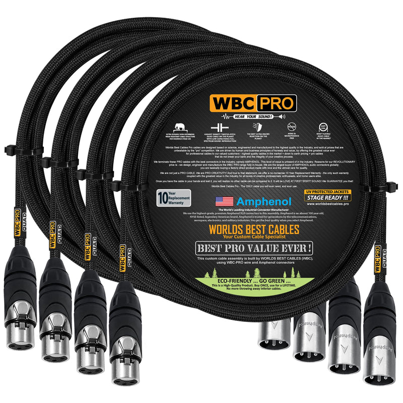 4 Units - 5 Foot - WBC-PRO-Quad Ultra-Silent Ultra-Flexible Balanced Star-Quad Cable with Amphenol Male & Female XLR Plugs & Black Tweed Jacket