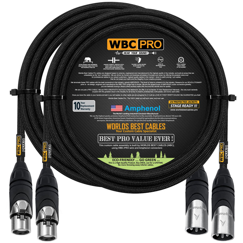 2 Units - 10 Foot - WBC-PRO-Quad Ultra-Silent Ultra-Flexible Balanced Star-Quad Cable with Amphenol Male & Female XLR Plugs & Black Tweed Jacket