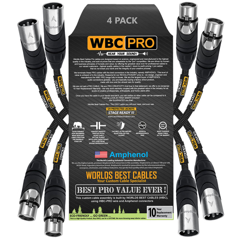 4 Units - 6 Inch - WBC-PRO-Quad Ultra-Silent Ultra-Flexible Balanced Star-Quad Cable with Amphenol Male & Female XLR Plugs & Black Tweed Jacket