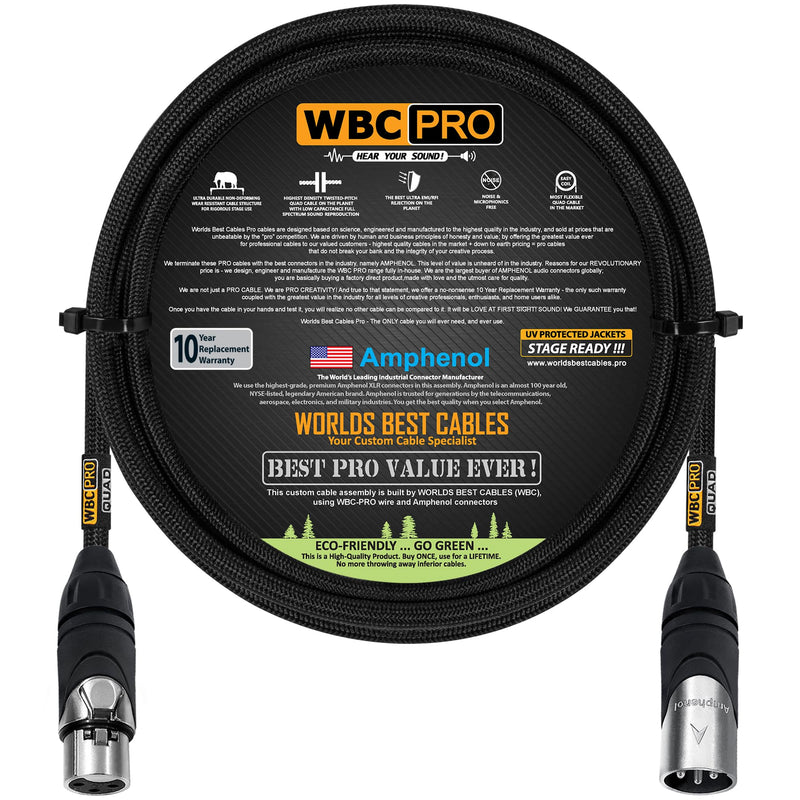 6 Foot - WBC-PRO-Quad Ultra-Silent Ultra-Flexible Balanced Star-Quad Cable with Amphenol Male & Female XLR Plugs & Black Tweed Jacket