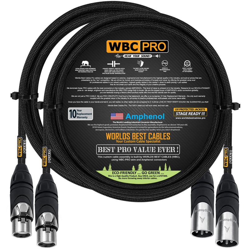 2 Units - 2 Foot - WBC-PRO-Quad Ultra-Silent Ultra-Flexible Balanced Star-Quad Cable with Amphenol Male & Female XLR Plugs & Black Tweed Jacket