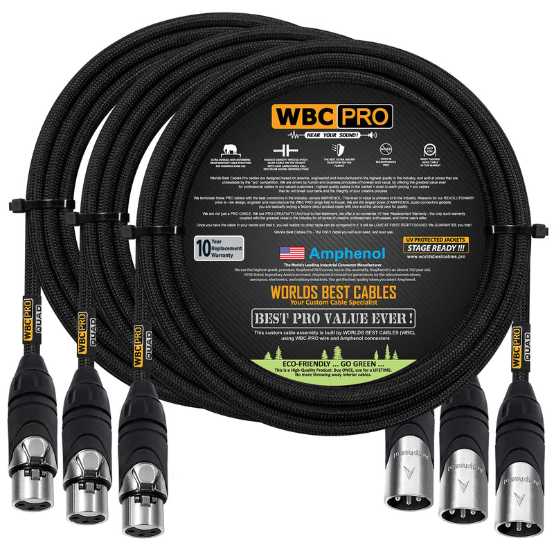 3 Units - 10 Foot - WBC-PRO-Quad Ultra-Silent Ultra-Flexible Balanced Star-Quad Cable with Amphenol Male & Female XLR Plugs & Black Tweed Jacket