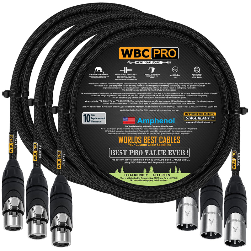 [AUSTRALIA] - 3 Units - 3 Foot - WBC-PRO-Quad Ultra-Silent Ultra-Flexible Balanced Star-Quad Cable with Amphenol Male & Female XLR Plugs & Black Tweed Jacket 