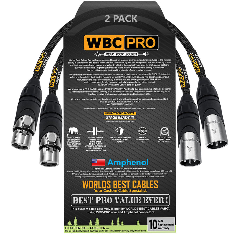 2 Units - 6 Inch - WBC-PRO-Quad Ultra-Silent Ultra-Flexible Balanced Star-Quad Cable with Amphenol Male & Female XLR Plugs & Black Tweed Jacket