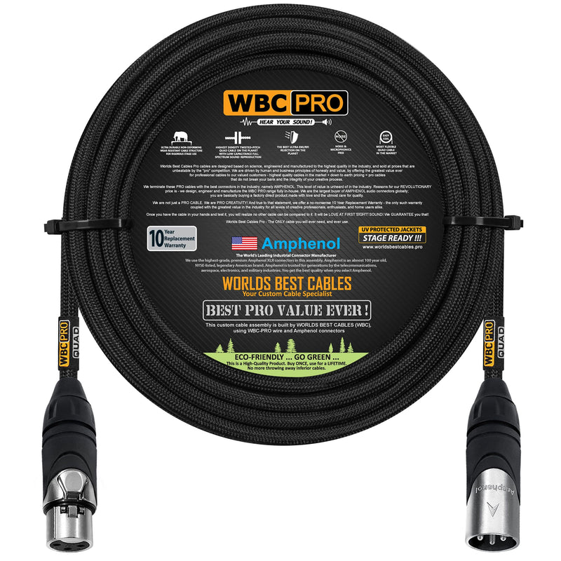 20 Foot - WBC-PRO-Quad Ultra-Silent Ultra-Flexible Balanced Star-Quad Cable with Amphenol Male & Female XLR Plugs & Black Tweed Jacket
