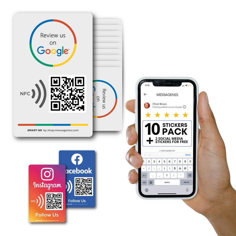 Reusable QR Code & NFC Review Sticker Pack - Tap to Review on Google - 10 Stickers - iPhone & Android | by MESSAGENES