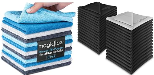 MagicFiber 42 PK - 12 Household Microfiber Cleaning Cloths + 30 Glasses Microfiber Cleaning Cloths - Premium Kitchen Towels and Glasses Wipes