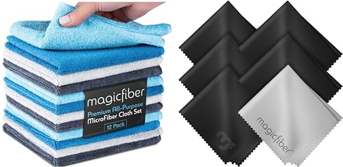MagicFiber 18 PK - 12 Household Microfiber Cleaning Cloths + 6 Glasses Microfiber Cleaning Cloths - Premium Kitchen Towels and Glasses Wipes