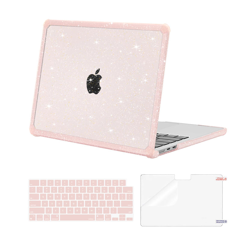 MOSISO Compatible with MacBook Air 13 inch Case 2024 2023 2022 M3 A3113 M2 A2681, Anti-Cracking Heavy Duty Glitter Hard Case with TPU Bumper&Keyboard Skin&Screen Film for MacBook Air 13.6, Pink