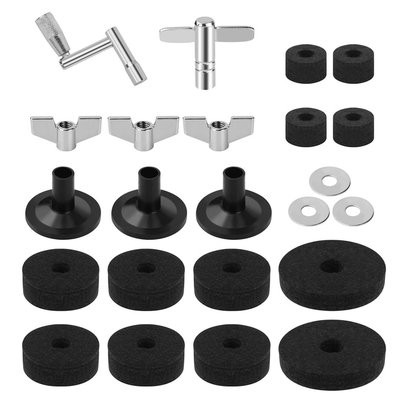 23 Pieces Cymbal Replacement Accessories, Includes Cymbal Stand Felts, Drum Cymbal Felt Pads, Wing Nuts, Washers, Cymbal Sleeves and Drum Key - Black