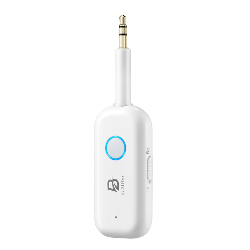 Bluetooth 5.2 Audio Transmitter Receiver for TV to 2 Headphones, ByDiffer Wireless Dual Link 3.5mm Jack AptX Low Latency Aux Bluetooth Adapter for Car, Airplane, Gym, PC (White) White