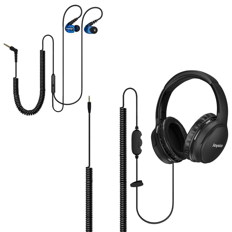 Joysico 19.5Ft / 6M Long Cord Over Ear Headphones with Volume Control, 16Ft Long Cord in-Ear Earbuds with Mic and Volume Control Bundle, Spring Coil Wire, Extension Cable, 3.5mm AUX, for TV PC Laptop