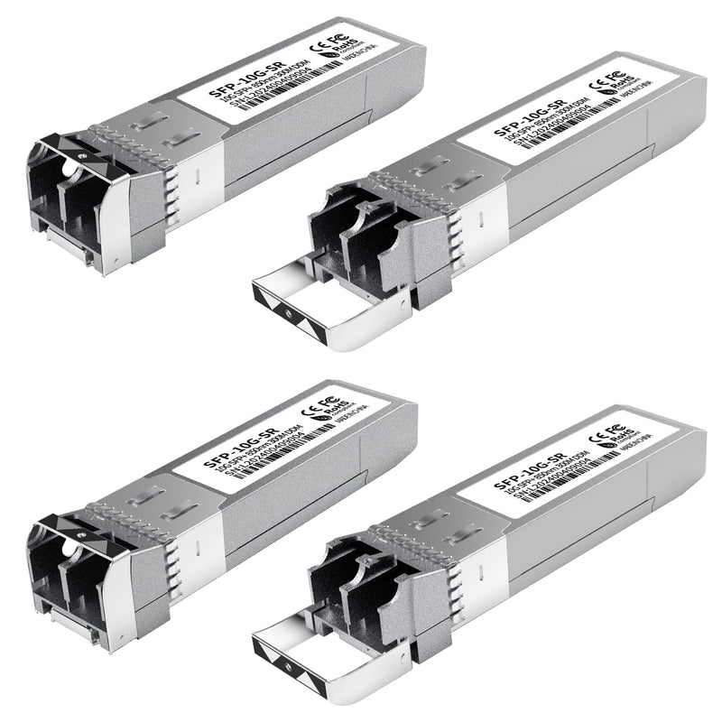 4PCS 10GBase-SR SFP+ Module, Multi-Mode LC Ethernet Transceiver, 10G 850nm MMF up to 400m, Compatible with Cisco SFP-10G-SR, Meraki, Ubiquiti UF-MM-10G, Mikrotik, Netgear, HPE, TP-Link, Aruba and More 4PCS 10G SFP to LC MultiMode