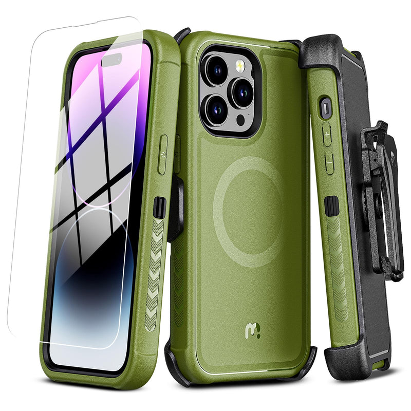 M MYBAT PRO Maverick Series iPhone 14 Pro Max Case with Belt Clip Holster,w/Screen Protector,Anti-Drop,Shockproof,with 360°Rotating Kickstand,Heavy Duty Protection Army Green iPhone 14 Pro Max (6.7")