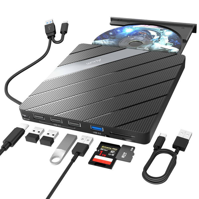Alxum External CD DVD Drive for Laptop, 8 in 1 Portable Disc Reader Burner | External CD DVD Drive, USB Optical Disc Drive CD ROM DVD Player Rewriter with Multiple Ports for Windows/Mac OS/Linux/Vista Black