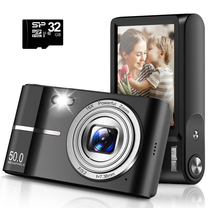 [AUSTRALIA] - Upgrade Digital Camera, Autofocus 50MP FHD 1080P Camera for kids with 16x Zoom Anti Shake, Compact Camera for Kid Student Children Teen Girl Boy, Kids Camera with 32GB SD Card,2 Batteries-Black Black 
