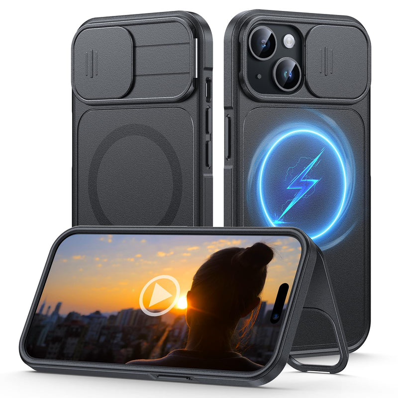 L K Magnetic for iPhone 15 Case, [Adjustable Lens Kickstand], Upgraded [Slide Camera Cover], Compatible with Magsafe, 15FT Military Grade Drop Protection, Anti-Slip Slim Case for iPhone 15, Black