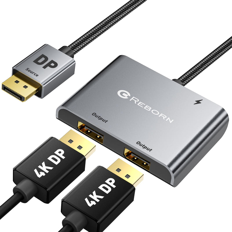 Reborn DisplayPort to Dual DisplayPort Splitter 4K@60Hz Display Port Splitter 1 in 2 Out for Dual Monitor Extended Display DP Source to 2 DP Adapter with PC, Graphics Card, Lenovo, HP and More MST-DP to Dual DP Adapter