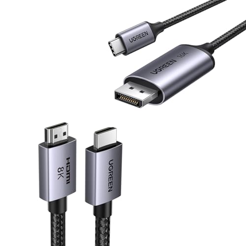 UGREEN USB C to DisplayPort 2.1 Cable 40Gbps 16K@30Hz 8K@120Hz Thunderbolt 4/3 to DisplayPort Cord Bundle with 8K HDMI 2.1 Cable 48Gbps 6.6FT, Certified Ultra High Speed HDMI Cord Aluminum, 4K@240Hz