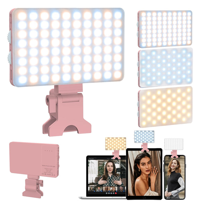 Pink Selfie Light with Phone Light Clip,80led Portable Selfie Light with 3 Light Modes and Infinite Adjustment Modes, 2000mah Rechargeable Selfie Light for Phone, Laptop, Makeup, Live Stream