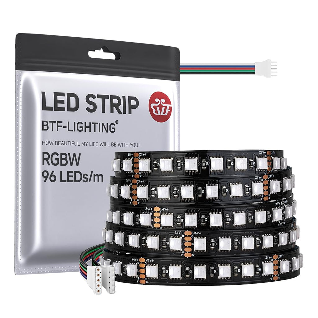 BTF-LIGHTING 5050 RGBW 5m 16.4ft 96LEDs/m RGB+Cool White (6000K-7000K) 4 Colors in 1 LED Multi-Colored LED Tape Lights IP30 Non-Waterproof Black 12mm PCB DC24V for Bedroom Kitchen Home Decoration Black PCB IP30