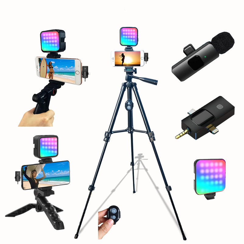 for iPhone Vlogging Kit, Vlogging Kit for Andriod Phone with Two Tripods RGB Light Lavalier Microphone Remote for YouTube Tiktok Content Creator (Total Height 20 in to 50 in) Total Height 20 IN to 50 IN