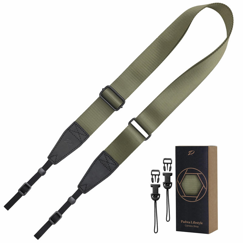 [AUSTRALIA] - Padwa Lifestyle Adjustable Camera Strap - 1.5" Full Grain Leather Ends Camera Straps for Photographers, Adjustable Neck Shoulder & Crossbody Nylon Strap Quick Release for Cameras and Binoculars Solid Olive Green Adjustable 38~66 inch / 1.5" Wide 