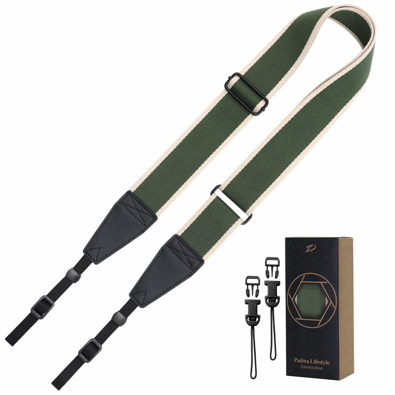 Padwa Lifestyle Adjustable Camera Strap - 2" Wide Top Layer Cowhide Head Camera Straps for Photographers, Vintage Adjustable Neck Shoulder & Crossbody Strap Quick Release fits All Cameras-Green Stripe D# - Green Stripe Adjustable 38~66 inch / 2" Wide