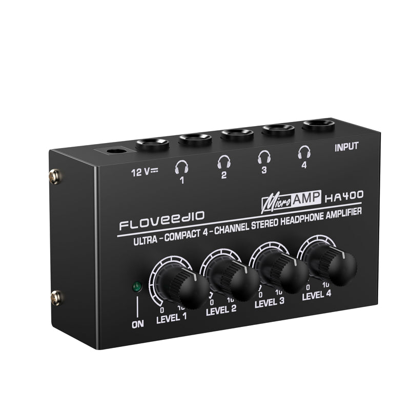 HA400 Stereo Headphone Amplifier Ultra Compact 4-Channel Headphone Amp Splitter for Studio and Stage with 12V Power Adapter