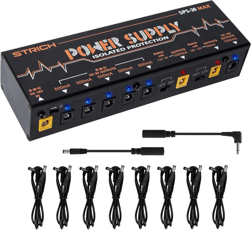 [AUSTRALIA] - STRICH Guitar Pedal High Power Supply, Pedalboard Power Supply with 8 Totally True Isolated DC 9V/12V/18V Outputs(500mA/1000mA), Power Supply for Power-hungry Effect Pedal, Noiselessly, SPS-30 MAX 