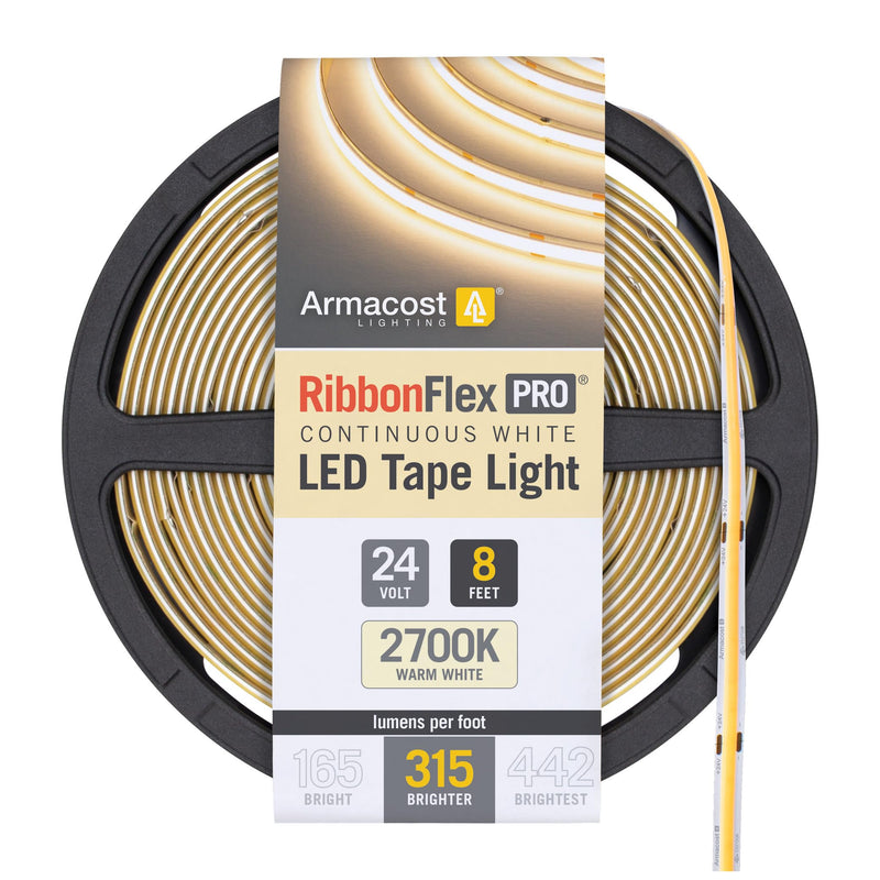 Armacost Lighting RibbonFlex Pro 24V White COB LED Strip Light Tape 2700K, 315 Lumens/Ft, 2.5M 172110 315 lm/ft Warm White 2700K 8.2 ft