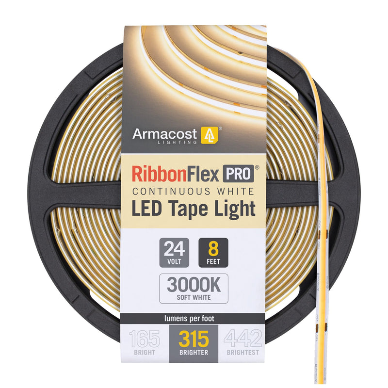 Armacost Lighting RibbonFlex Pro 24V White COB LED Strip Light Tape 3000K, 315 Lumens/Ft, 2.5M 172210 8.2 ft Soft White 3000K