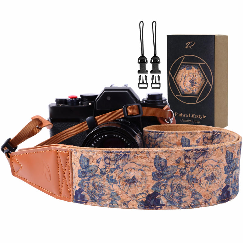 Padwa Lifestyle Cork Camera Strap - 2" Top Layer Cowhide Head Camera Straps for Photographers,Natural Log Crackle Art Print Style,Soft Chamois Velvet Padded Strap Quick Release fits All Cameras Blue Print Cork 2 inch Wide / Adjustable 41~56 inch