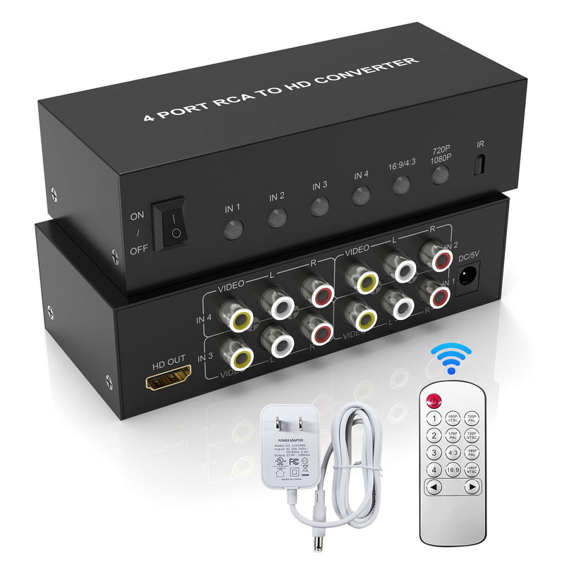 4 Port RCA to HDMI Converter AV to HDMI Adapter - 1080P/720P Red White Yellow Composite Component to HDMI Converter for TV/AUX/N64/PS2/PS3/VHS/VCR/DVD Players, Support 4:3/16:9 RCA Switch(With Remote)