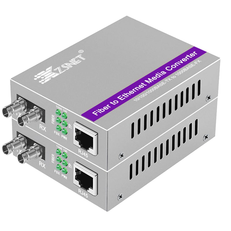 A Pair of Gigabit ST to RJ45 Converter, Multi-Mode Fiber to Ethernet Media Converter (Built-in Module, 850nm, 550m), Plug & Play, 10/100/1000 Base-T Compatible, Auto-Negotiation, Jumbo Frame Multimode ST 550m 850nm
