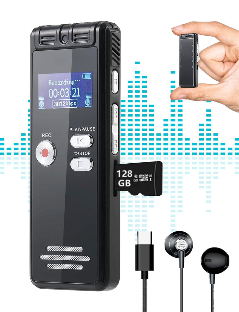 128GB Digital Voice Activated Recorder with Playback - 9104 Hours Audio Recorder, 3072 Kbps HD Recording and Noise-Canceling Voice-Activated Recording, Audio Recording Device for Lectures/Meeting 128GB