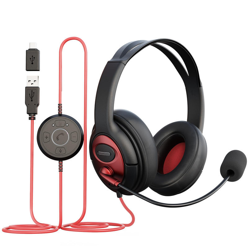 MAIRDI USB Headset with Microphone, Wired PC Headset, USB-A & USB-C Computer Headset with Mic Noise Canceling for Laptop Teams Office Work CallCenter Business Dragon Naturelly Speaking