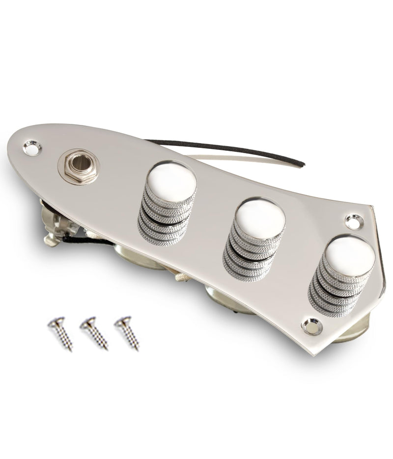 𝙋𝙧𝙚𝙬𝙞𝙧𝙚𝙙 𝘾𝙤𝙣𝙩𝙧𝙤𝙡 𝙋𝙡𝙖𝙩𝙚 for Jazz Bass Guitar, Loaded Guitar Control Board Wired with Alpha Potentiometers Full Contact Output Jack, As Luthier's Replacement Parts, Chrome-02 chrome/red