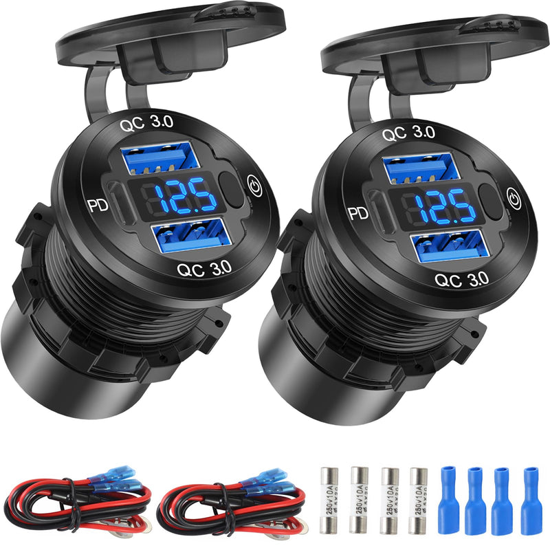 2 Pack 12V USB Outlet Wire Aluminum Car Charger Multi Port, Dual Quick Charge 3.0 Port and PD USB C Socket with Voltmeter Switch for Car Boat Marine Truck RV, Fast Charge for Phones lPad, etc. pack of two
