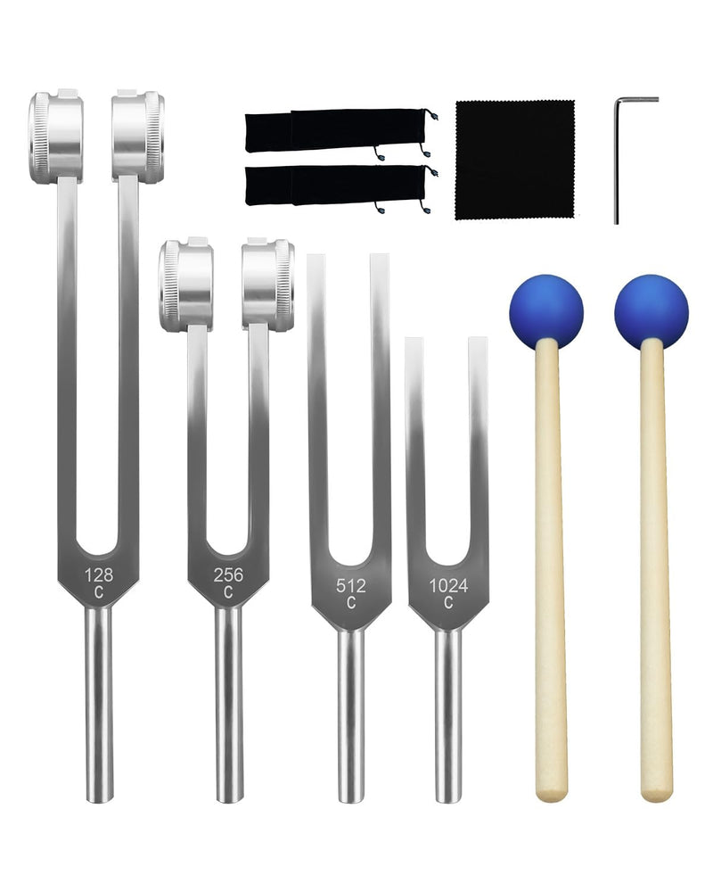 Aluminum Alloy Tuning Fork Set, 4 Tuning Forks & 2 Rubber Mallets & 4 Black Protective Bags, 128Hz 256Hz 512Hz 1024Hz Tuning Forks for Sound Yoga Meditation Relaxation