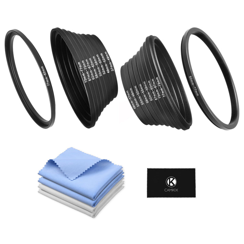 [AUSTRALIA] - 18-Piece Filter Ring Adapter Set - 9X Step-Up Rings and 9X Step-Down Rings for Lens Filters, Lens Hoods, and Lens Converters - Includes 4X Microfiber Cleaning Cloths (7x6 Inches) Step Up + Down Lens Filter Adapter Kit - Set of 18 
