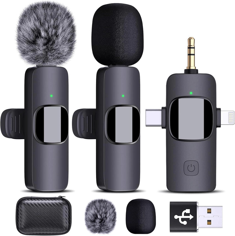 AMOOX Wireless Lavalier Microphone for iPhone Camera Live Streaming, Vlogging, Cordless Omnidirectional Clip Mic, Plug-Play Microphone for Interview Video Podcast Vlog YouTube Three in One Set