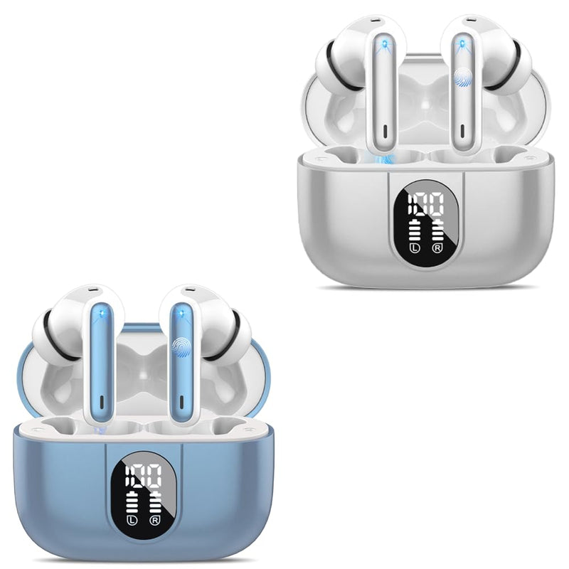 2 Sets Wireless Earbuds 2024 Bluetooth 5.3 Headphones HiFi Stereo, 40H Playtime in-Ear Earbud, Bluetooth Earbuds with LED Power Display, IP7 Waterproof Wireless Earphones Sport Headset Blue+Grey