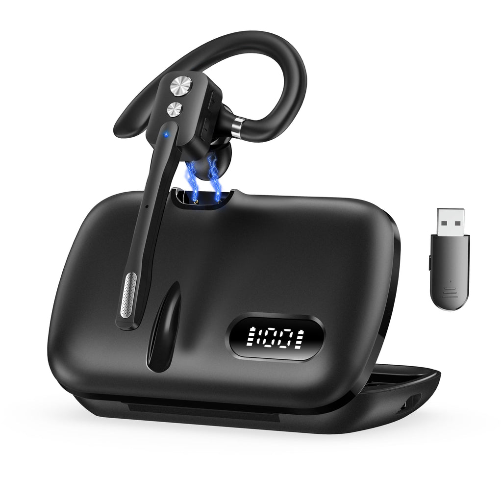 Bluetooth Headset, Wireless Bluetooth Earpiece with Dual-Mic& Noise Canceling, V5.3 Hands-Free Single Ear Headset with Charging Case for Trucker, Office, Designed for Ergonomics