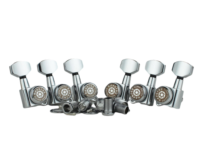 Guitar Locking Tuners (3R + 3L) – 1:18 Gear Ratio Lock String Tuning Key Pegs Machine Heads Set with Hexagonal Shaped Knob Replacement, (E-107SP, Chrome) 3R + 3L