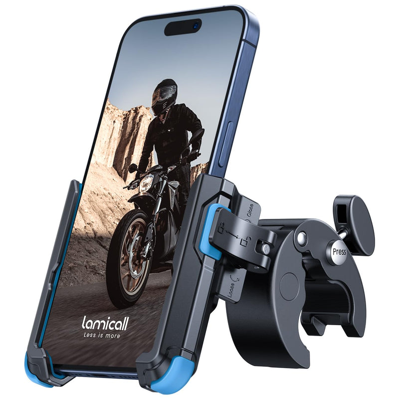 [AUSTRALIA] - Lamicall Motorcycle Phone Mount Holder - [Camera Friendly] [1s Lock] Bike Phone Holder Handlebar Clamp, Bicycle Scooter Phone Clip, for iPhone Air, 17, 16, 15 Pro Max, Galaxy S25, 4.7-7" Phones, Blue 
