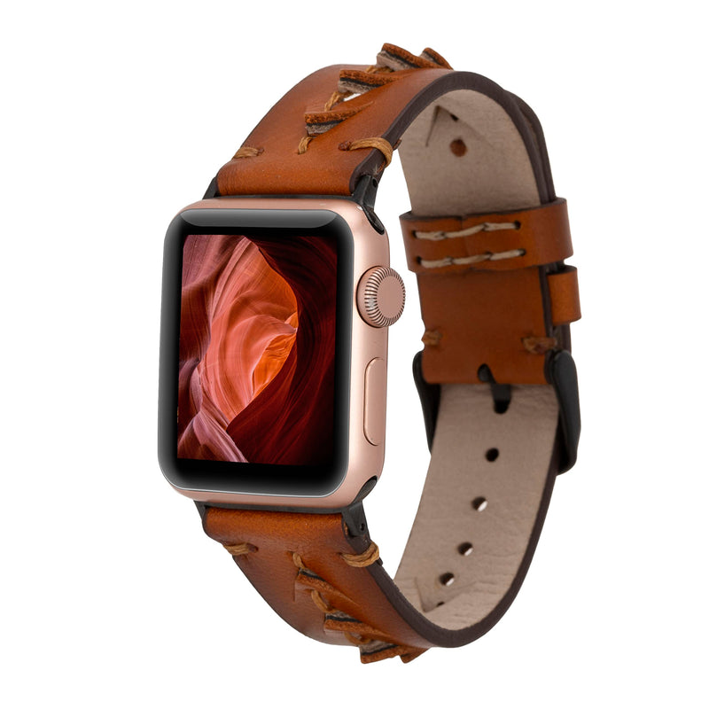Handmade Leather Watch Band for Apple Watch Series 1-9, Ultra 2, Sport Compatible with 38 40 41mm Apple Watch Bands for Women & Men 7-9 Inches Size, Brown w/Gold Connector&Clasp Brown w/Black Connector&Clasp 42/44/45/49mm