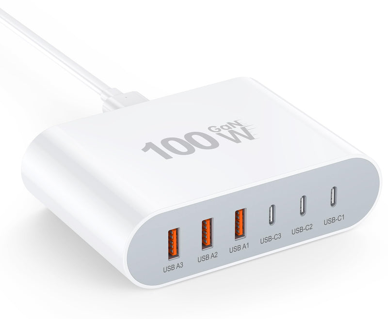 100W USB C Charger, 6 Port Charging Station for Apple Type C Fast Wall Charger USB Cable Block Compact Hub Adapter Plug Cube Brick for iPhone 15/14/13/11,Pro,iPad,Earphones,Samsung Galaxy S24/S23/S22