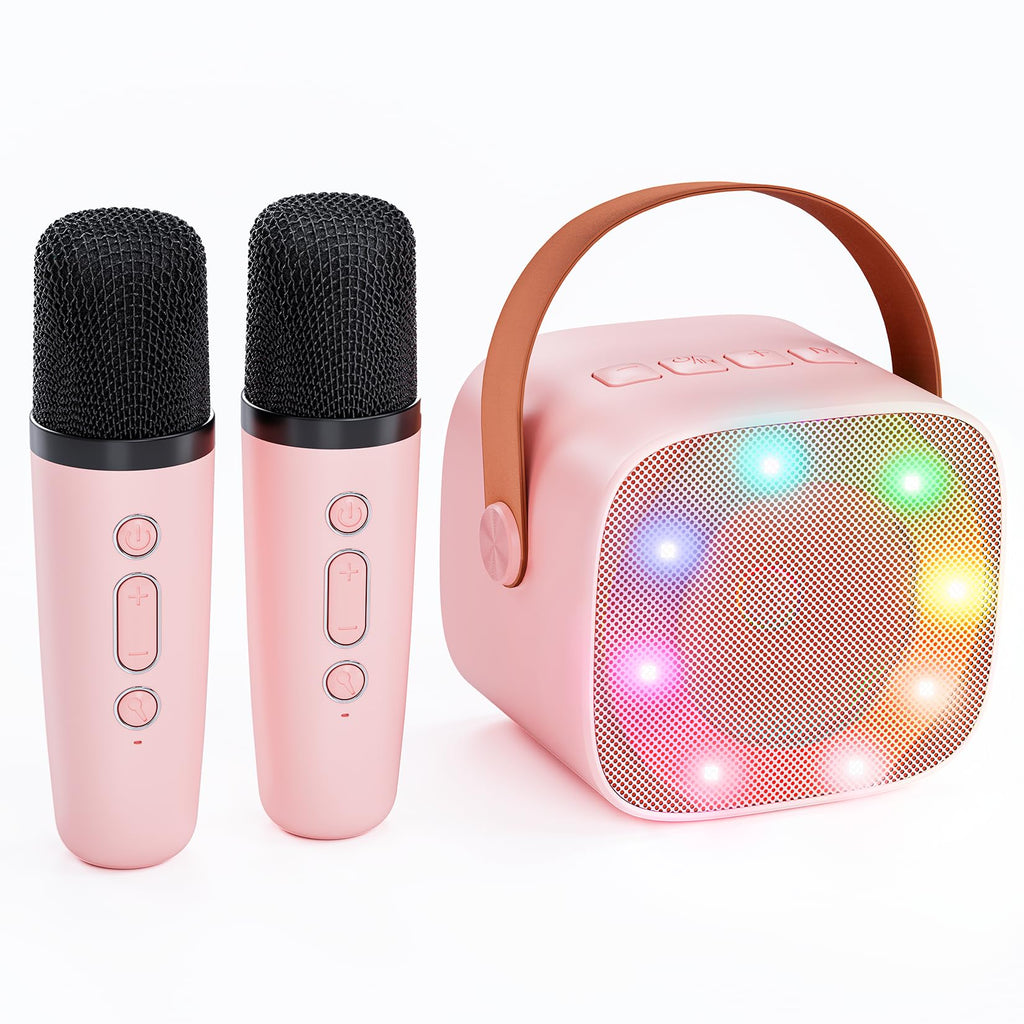 Karaoke Machine for Kids, Portable Bluetooth Speaker with 2 Wireless Microphone, Karaoke Toys Birthday Gift for Girls Age 4, 5,6,7,8,10+Year Old(Pink) Pink